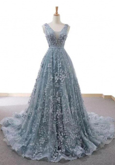 Mermaid Blue And Grey Tulle V-neckline Formal Prom Dress