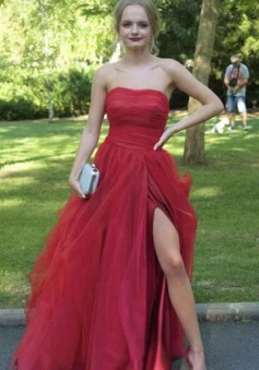 Strapless Red Tulle Long Formal Evening Dresses