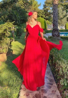 Off Shoulder A Line Red Chiffon Prom Dresses