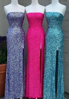 Strapless Sparkly Long Formal Prom Dresses With Slit