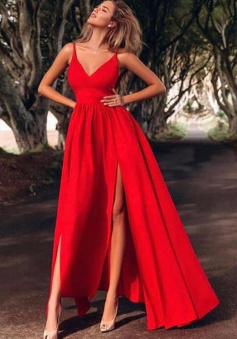 Floor Length Red Prom Dresses with Slit