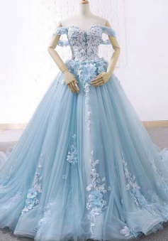 Off Shoulder Mermaid Blue Tulle Prom Dresses with Lace