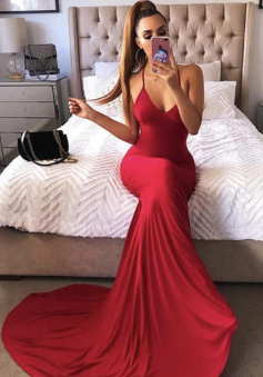 Halter Mermaid Red Backless Prom Dresses For Party