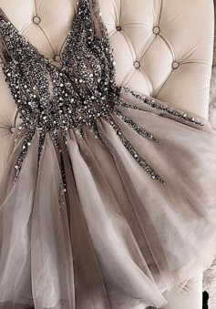 Gray V-Neck Beaded Tulle Short Homecoming Dress