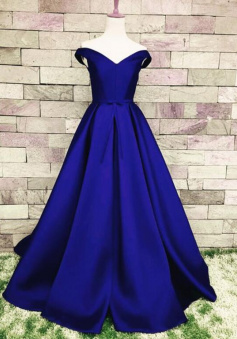 Off The Shoulder Royal Blue V Neck Stain Prom Dresses