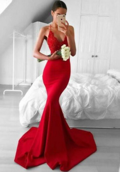 Mermaid sexy v neck red prom dress with lace