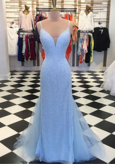 Spaghetti Straps Sweep Train Blue Sequined Prom Dress