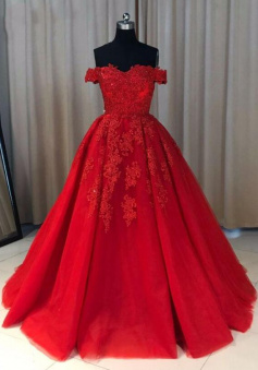 Off-the-shoulder Sweep Train Ball Gown Lace Prom Dresses