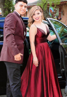 A Line Floor Length Burgundy Prom Dress