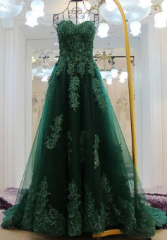 Floor-length Sweetheart Long Green Prom Dresses With Lace