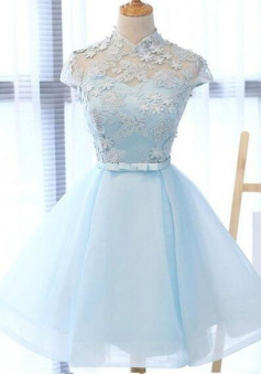 A-line High Neck Blue Tulle Short Homecoming Dress