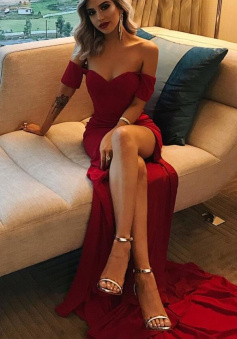 Simple off the shoulder burgundy prom dresses lleg split