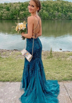 Mermaid lace long formal prom dress with train