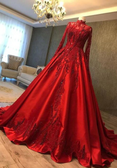 Elegant Long Sleeve Red Evening Gowns With Lace