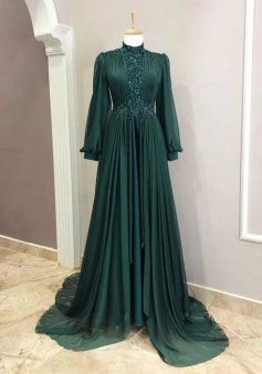 Elegant Dark Green Long Sleeve Evening Gowns Chiffon Prom Dress