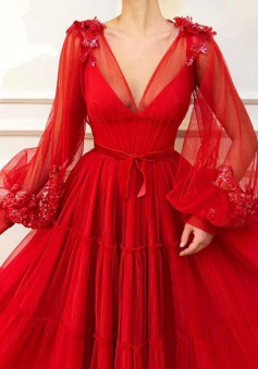 Charming Ball Gown Long Red Prom Dress With Long Sleeves