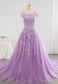Mermaid lavender lace appliques tulle long formal dress