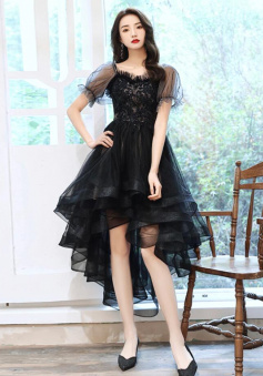 High Low Tulle Short Prom Dresses With Lace