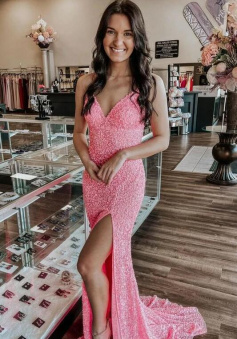Mermaid spaghetti straps hot pink sequins prom dress with side slit