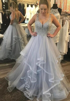 Floor Length Ball Gown Silver Tulle Long Prom Dress with Beading Top