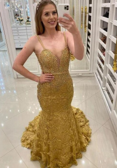 Sexy mermaid gold long prom dress evening gown