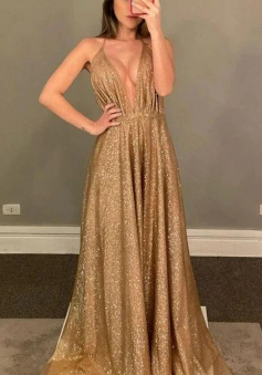 Gold V-Neck Backless Tulle Long Prom Dress