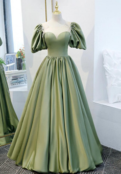 Floor Length A Line Green Prom Dress with Slit