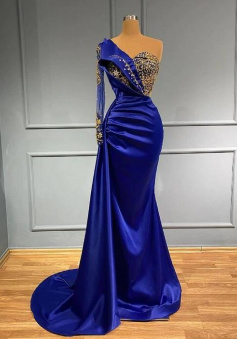 One shoulder blue evening gowns long prom dress