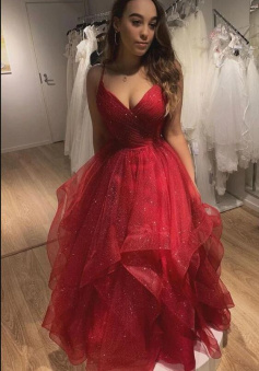 Spaghetti straps wine red tulle long formal prom dress