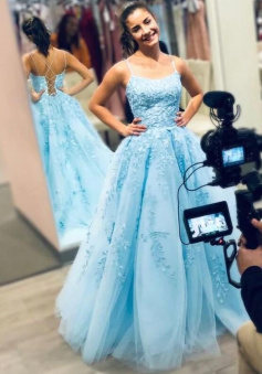 Princess Spaghetti Straps A-line Blue Long Formal Gown