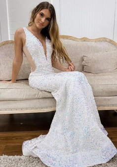 Mermaid Sparkle White Sequin Long Prom Dress