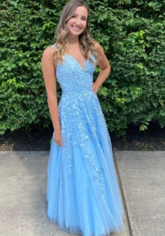 Elegant blue lace tulle a line prom gown with appliques