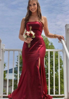 Mermaid burgundy long formal dress with side slit