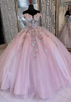 Off Shoulder Pink Tulle Ball Gown Evening Prom Dress