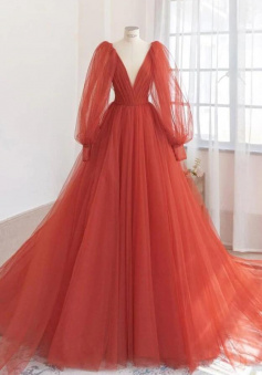 Floor Length Deep V-Neck Puff Tulle Ball Gown Prom Dress With Long Sleeves