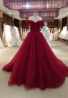 Sexy Off Shoulder Ball Gown Burgundy Prom Dress