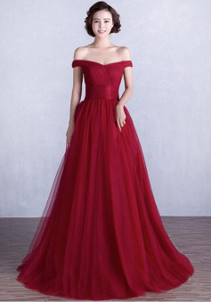 Princess Off-the-shoulder Tulle Ruffles Burgundy Prom Dresses