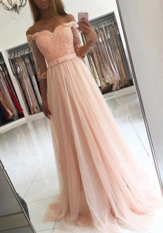 A-line Off-the-shoulder Tulle Prom Dresses With Lace