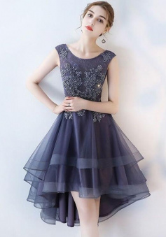 High Low Dark Grey Lace Homecoming Dresses