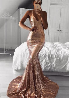 Mermaid V-neck Long Rose Gold Sequins Prom Evening Gowns