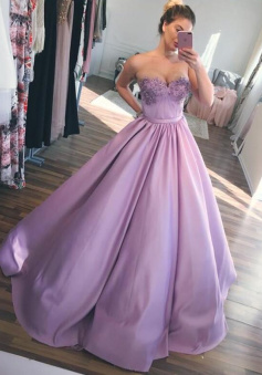 Floor-Length Sweetheart Pink Satin Prom Dress with Appliques Beading