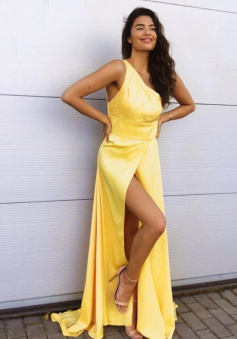 Simple One Shoulder Yellow Satin Prom Dresses with High Slit