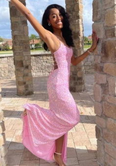 Hot pink sequins long prom dress with side slit