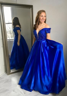 Off the Shoulder Royal Blue Long Prom Dress with Lace