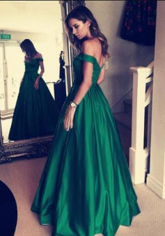 Off-the-Shoulder Dark Green Long Satin V-neck Evening Dresses