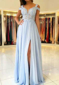 A Line Light Blue Chiffon Long Split Prom Dresses With Lace Appliques