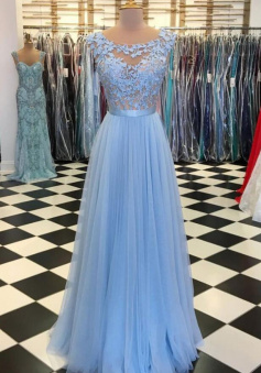 A Line Sky blue tulle long scoop neck evening dress with lace appliqué