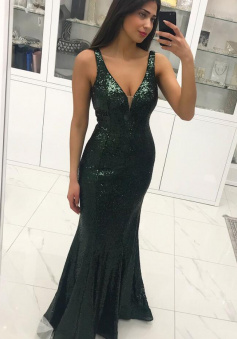 Sexy Mermaid Green Sequins Backelss Formal Evening Dress