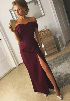 Off-the-shoulder Sheath/Column Ankle-length Split Front Burgundy Prom Dresses