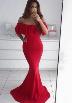 Off-the-Shoulder Floor-Length Red Chiffon Prom Dress